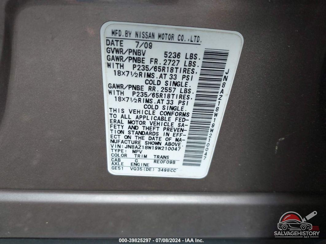 JN8AZ18W19W210047 2009 NISSAN MURANO photo no. 9