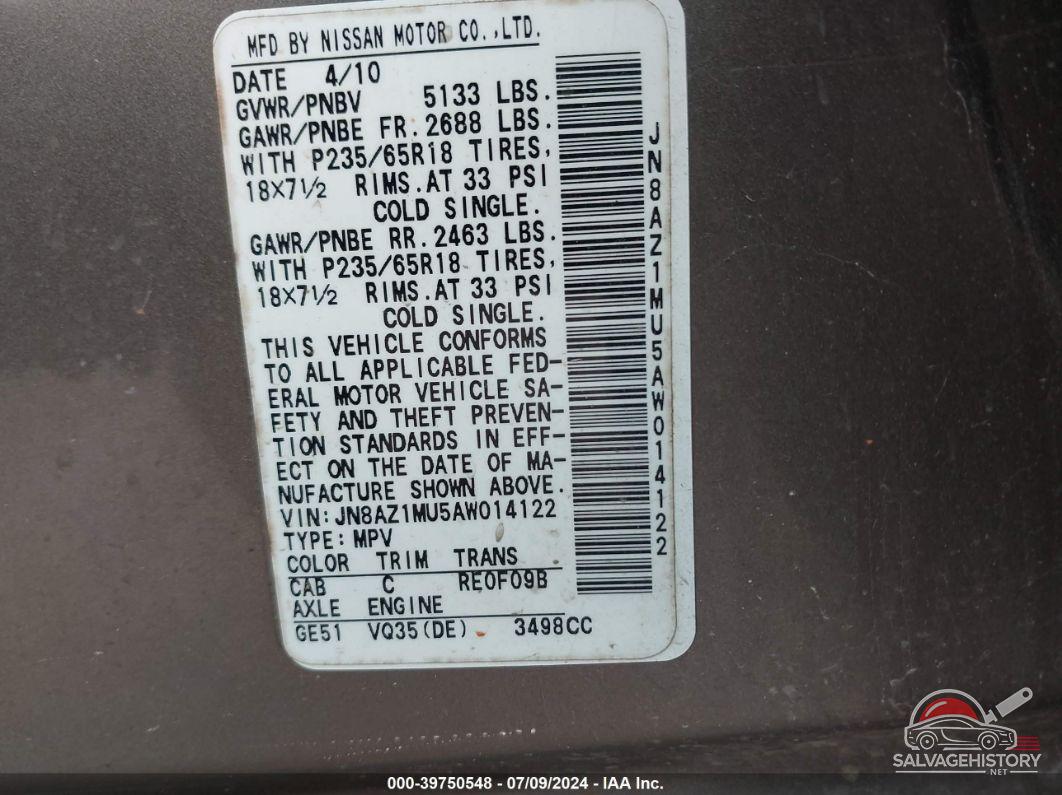 JN8AZ1MU5AW014122 2010 NISSAN MURANO photo no. 9