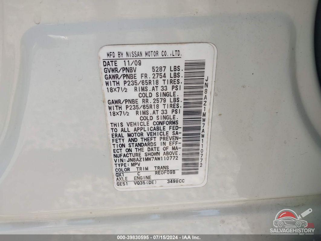 JN8AZ1MW7AW110772 2010 NISSAN MURANO photo no. 9