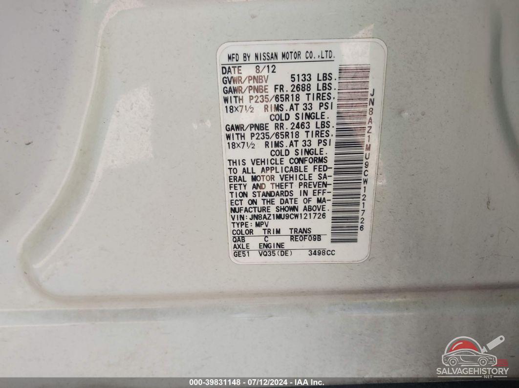 JN8AZ1MU9CW121726 2012 NISSAN MURANO photo no. 9