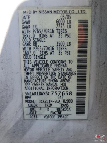 5N1AR18WX5C757658 2005 NISSAN PATHFINDER photo no. 13