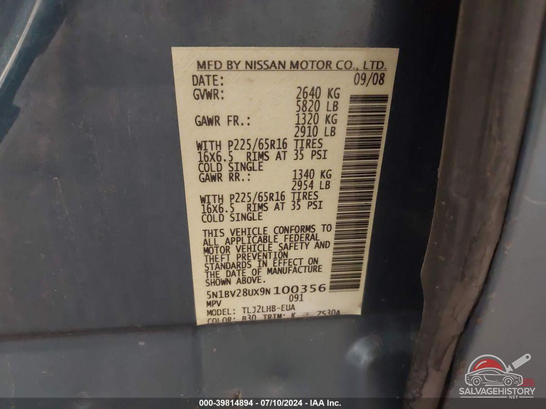 5N1BV28UX9N100356 2009 NISSAN QUEST photo no. 9