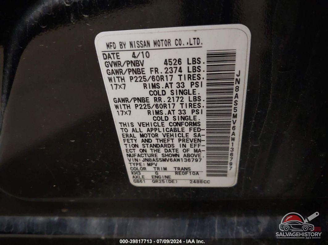 JN8AS5MV6AW136797 2010 NISSAN ROGUE photo no. 9
