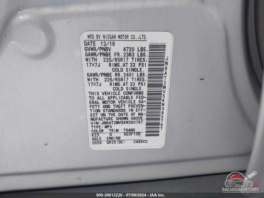 JN8AT2MV5KW390787 2019 NISSAN ROGUE photo no. 9