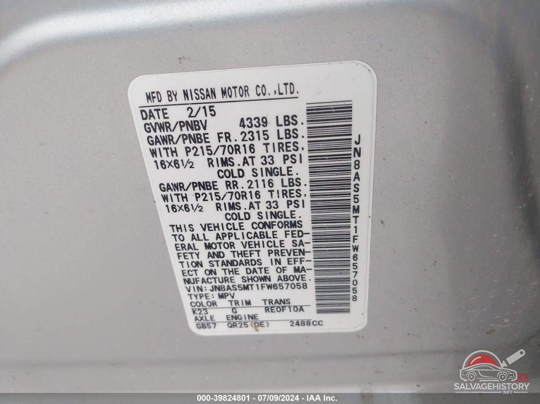 JN8AS5MT1FW657058 2015 NISSAN ROGUE SELECT photo no. 9