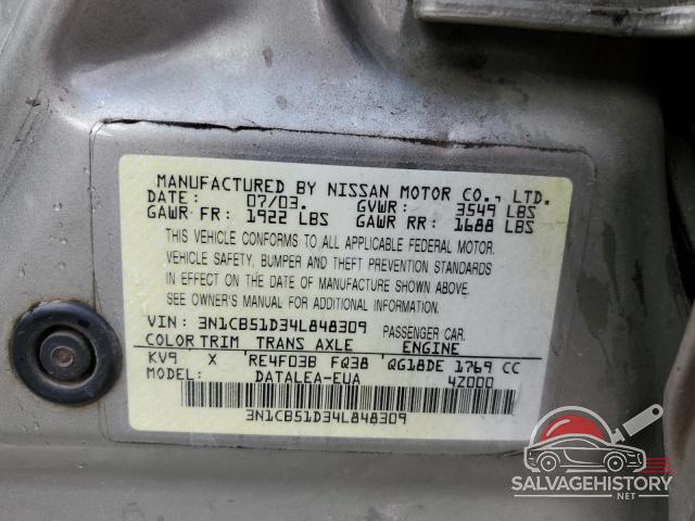 3N1CB51D34L848309 2004 NISSAN SENTRA photo no. 12