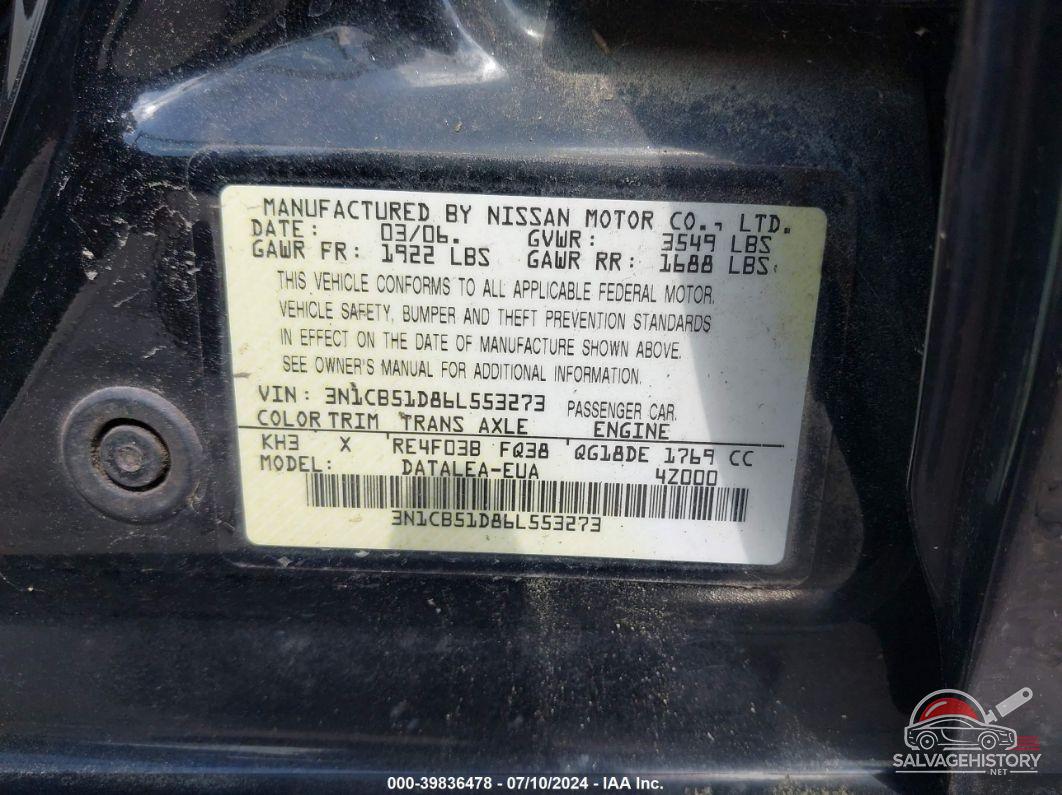 3N1CB51D86L553273 2006 NISSAN SENTRA photo no. 9