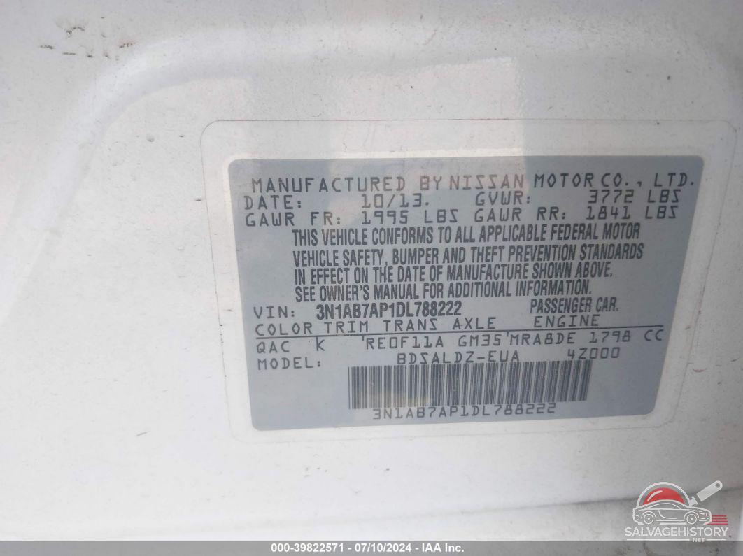 3N1AB7AP1DL788222 2013 NISSAN SENTRA photo no. 9