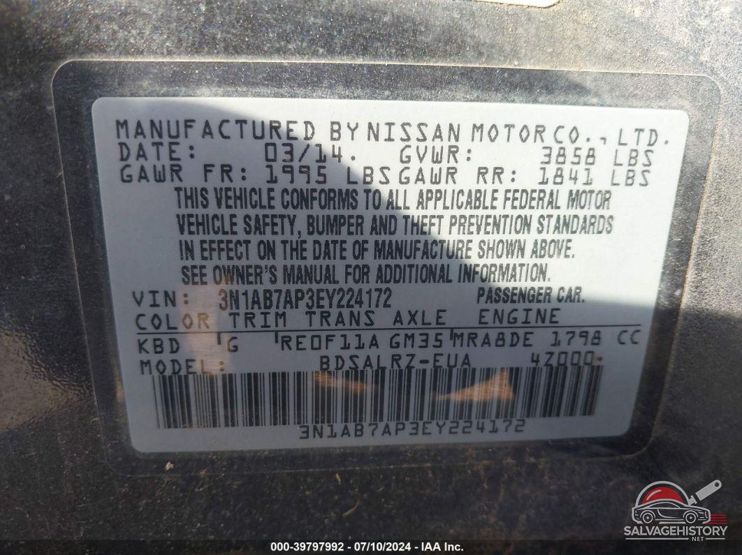 3N1AB7AP3EY224172 2014 NISSAN SENTRA photo no. 9