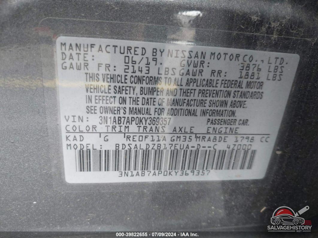3N1AB7AP0KY369357 2019 NISSAN SENTRA photo no. 9