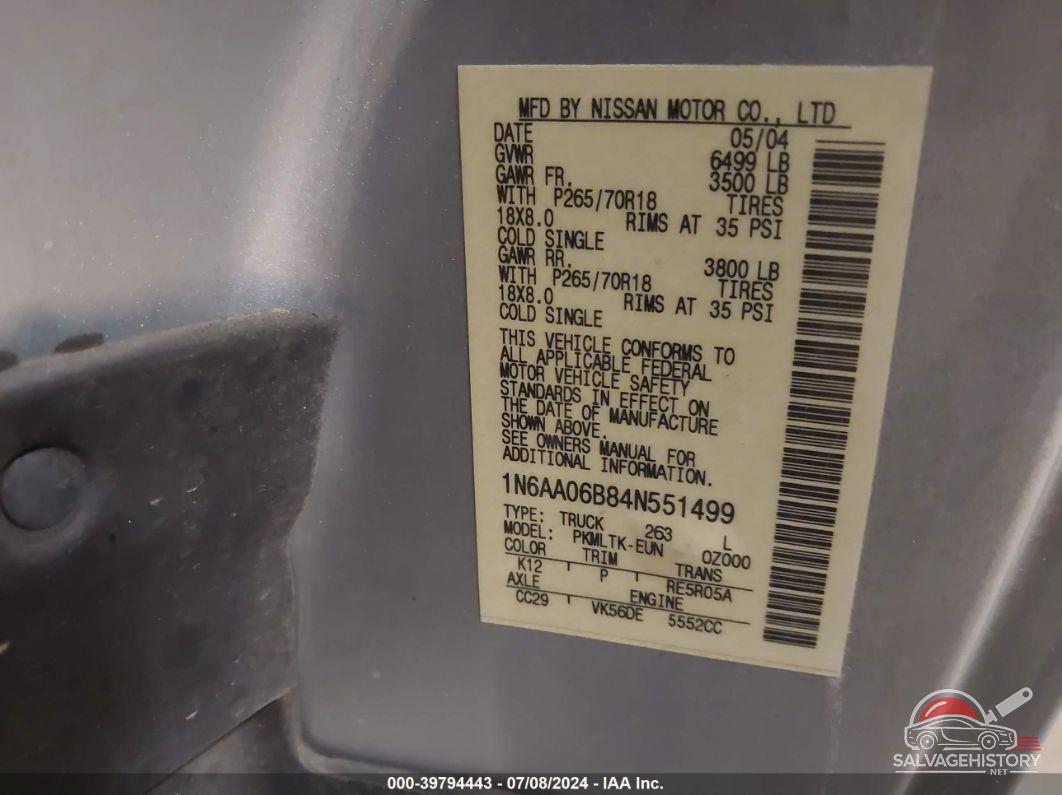 1N6AA06B84N551499 2004 NISSAN TITAN photo no. 9