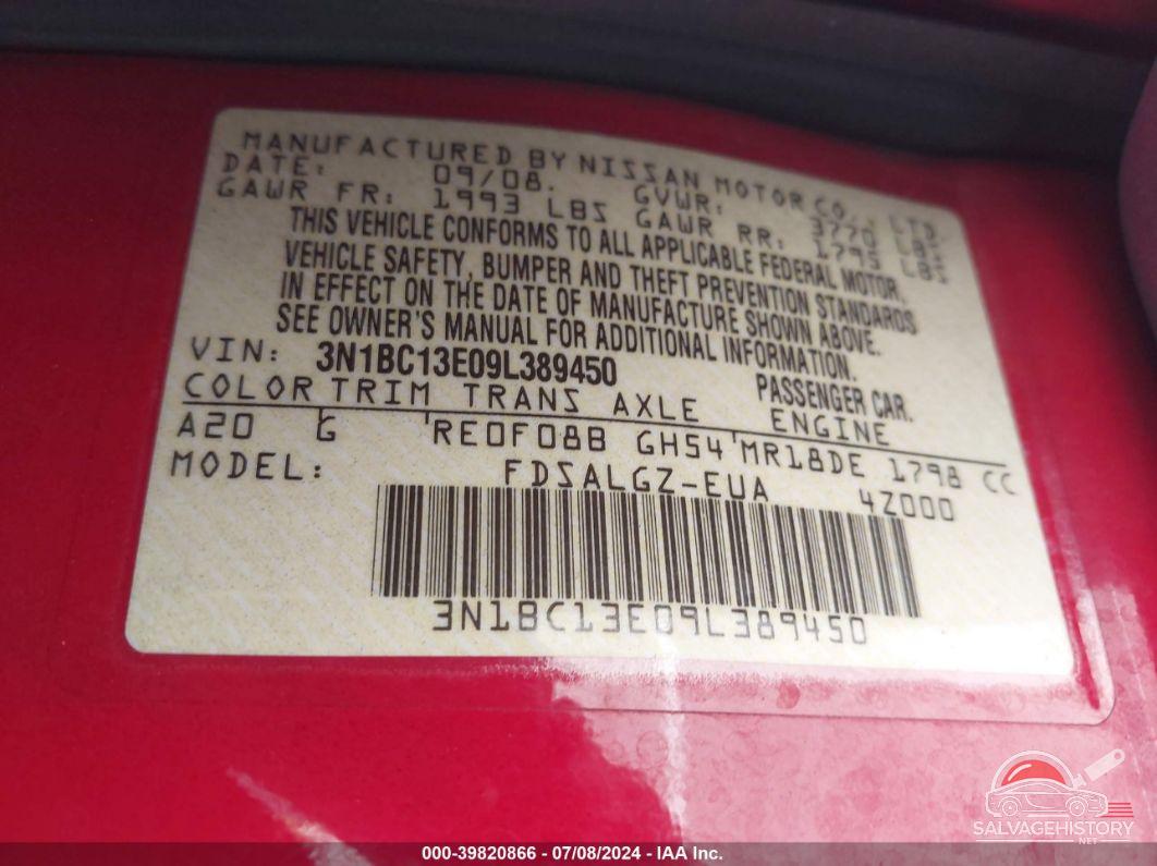 3N1BC13E09L389450 2009 NISSAN VERSA photo no. 9