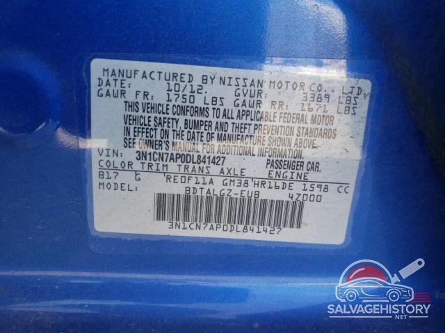 3N1CN7AP0DL841427 2013 NISSAN VERSA photo no. 12