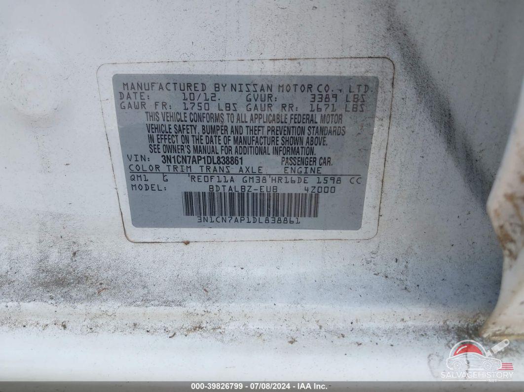 3N1CN7AP1DL838861 2013 NISSAN VERSA photo no. 9