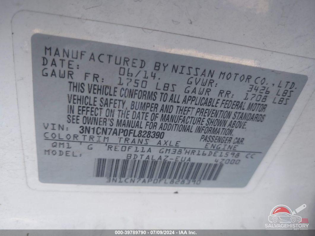 3N1CN7AP0FL828390 2015 NISSAN VERSA photo no. 9