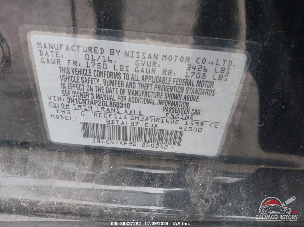 3N1CN7AP2GL860310 2016 NISSAN VERSA photo no. 9