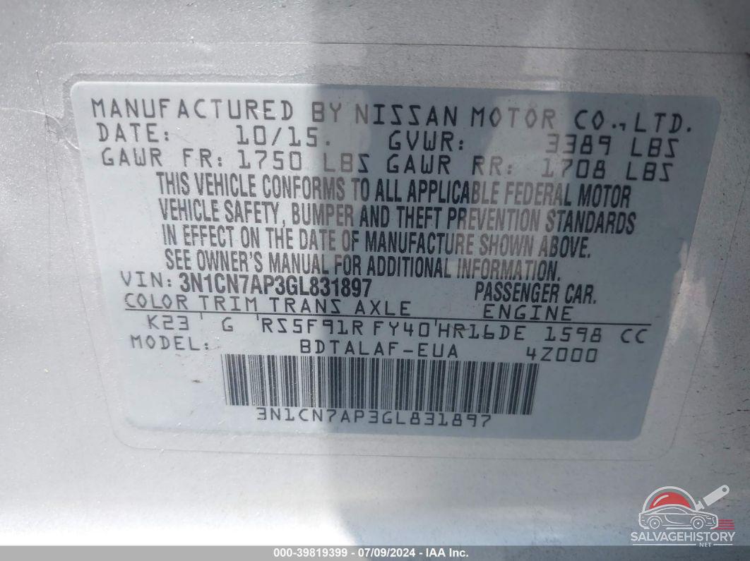 3N1CN7AP3GL831897 2016 NISSAN VERSA photo no. 9