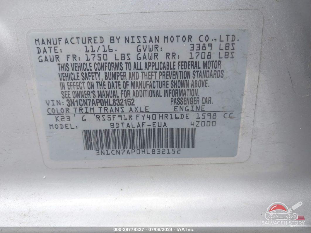 3N1CN7AP0HL832152 2017 NISSAN VERSA photo no. 9