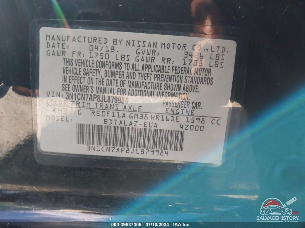 3N1CN7AP8JL879984 2018 NISSAN VERSA photo no. 9