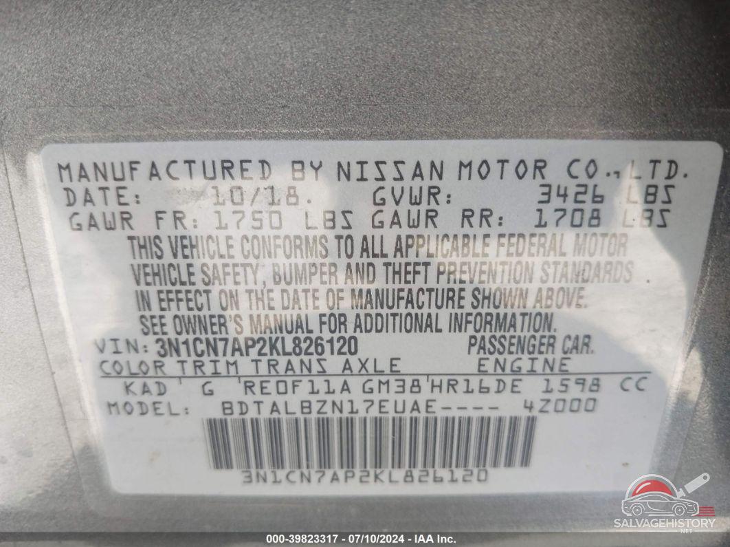 3N1CN7AP2KL826120 2019 NISSAN VERSA photo no. 9