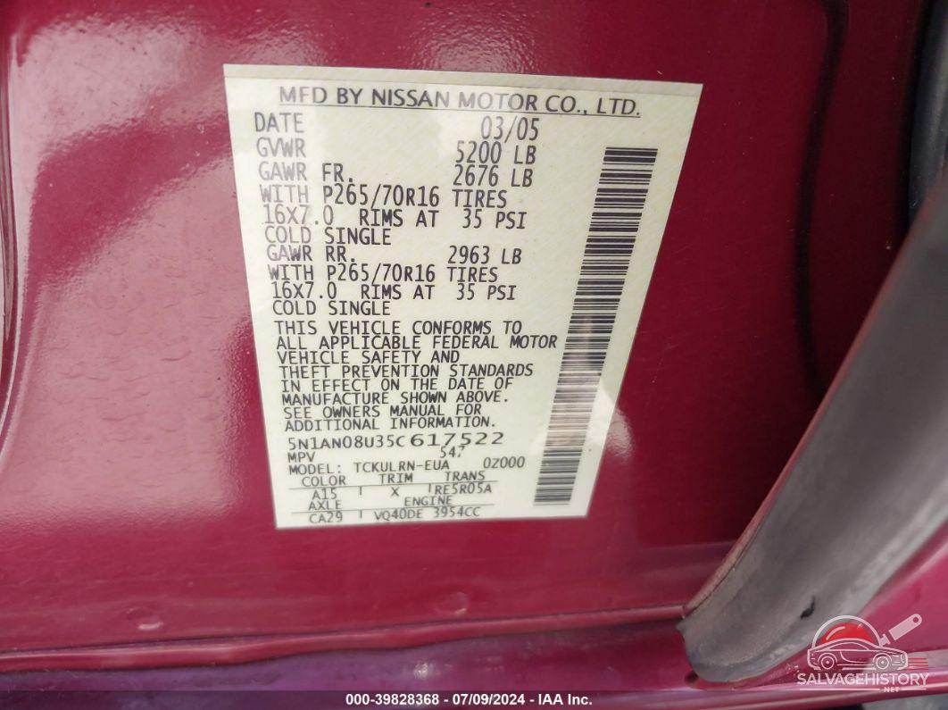 5N1AN08U35C617522 2005 NISSAN XTERRA photo no. 9