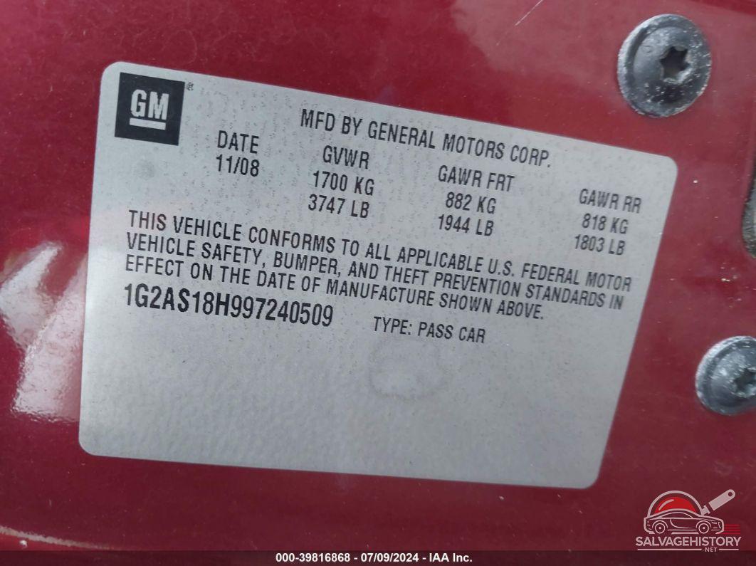 1G2AS18H997240509 2009 PONTIAC G5 photo no. 9