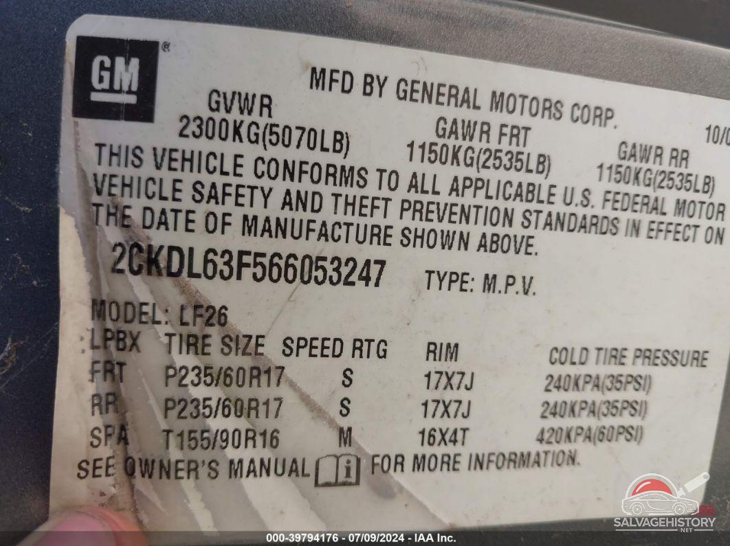 2CKDL63F566053247 2006 PONTIAC TORRENT photo no. 9