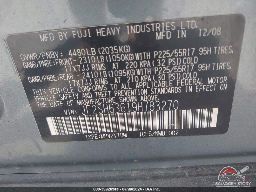JF2SH63619H783270 2009 SUBARU FORESTER photo no. 9
