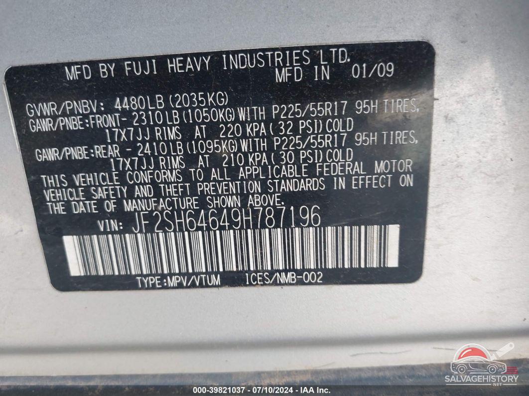 JF2SH64649H787196 2009 SUBARU FORESTER photo no. 9