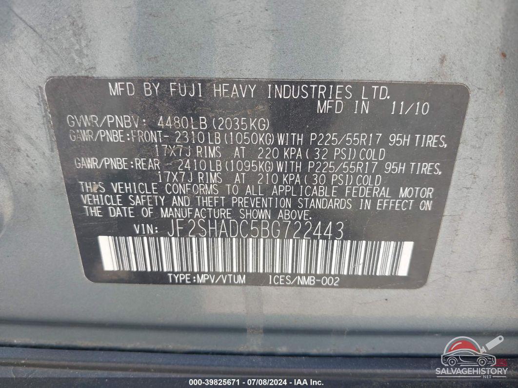 JF2SHADC5BG722443 2011 SUBARU FORESTER photo no. 9