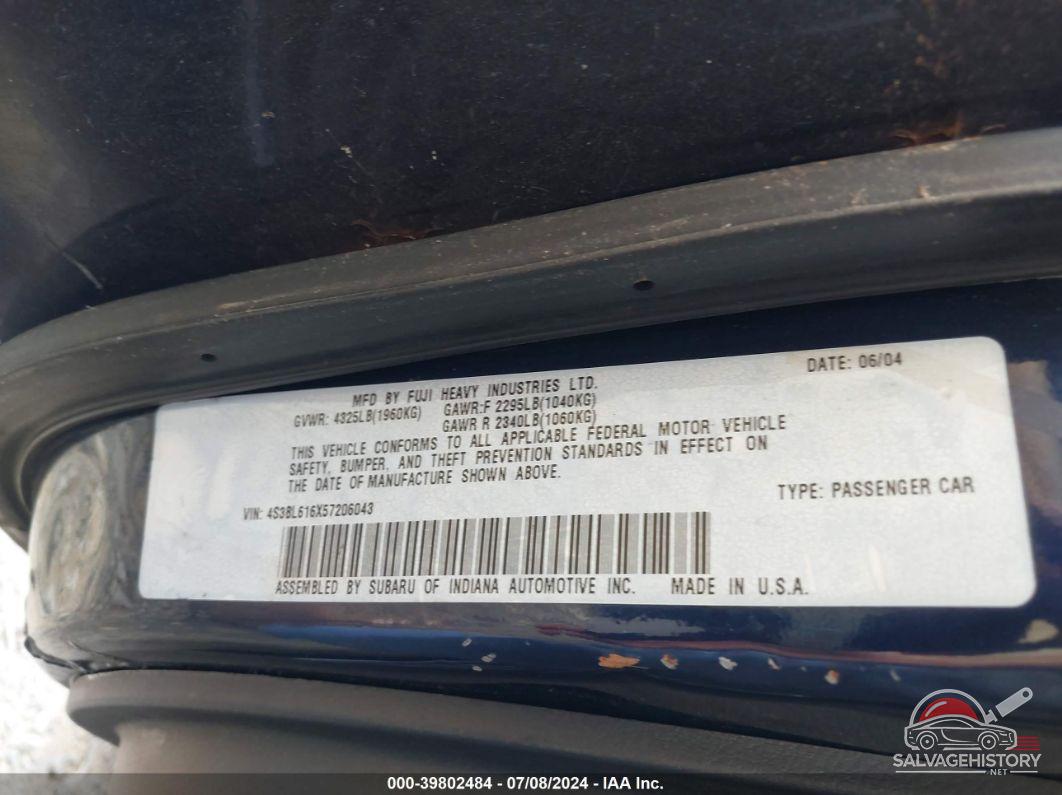 4S3BL616X57206043 2005 SUBARU LEGACY photo no. 9