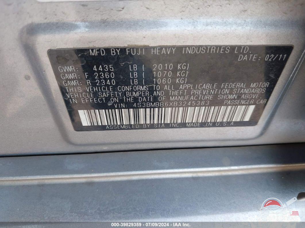 4S3BMBB6XB3245383 2011 SUBARU LEGACY photo no. 9