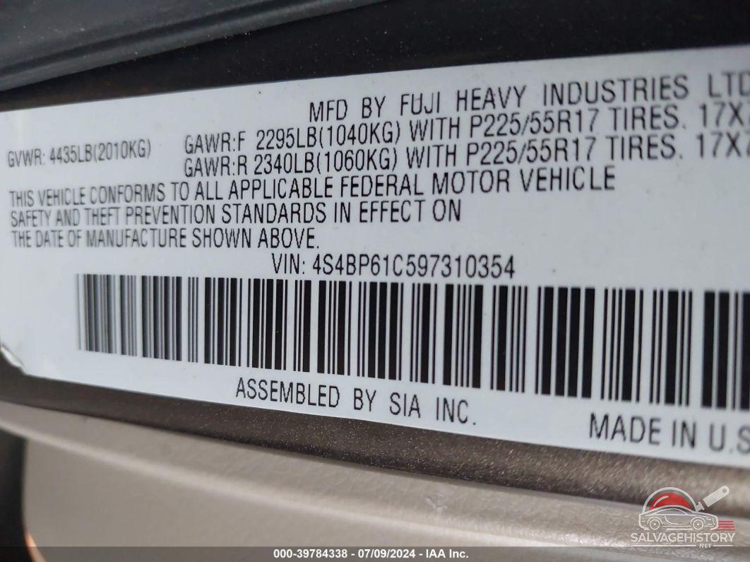 4S4BP61C597310354 2009 SUBARU OUTBACK photo no. 9