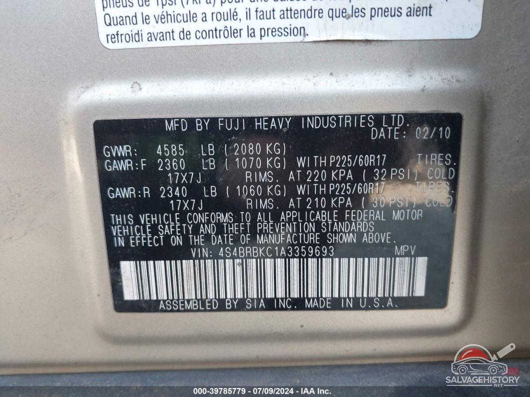 4S4BRBKC1A3359693 2010 SUBARU OUTBACK photo no. 9