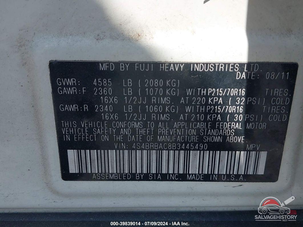 4S4BRBAC8B3445490 2011 SUBARU OUTBACK photo no. 9