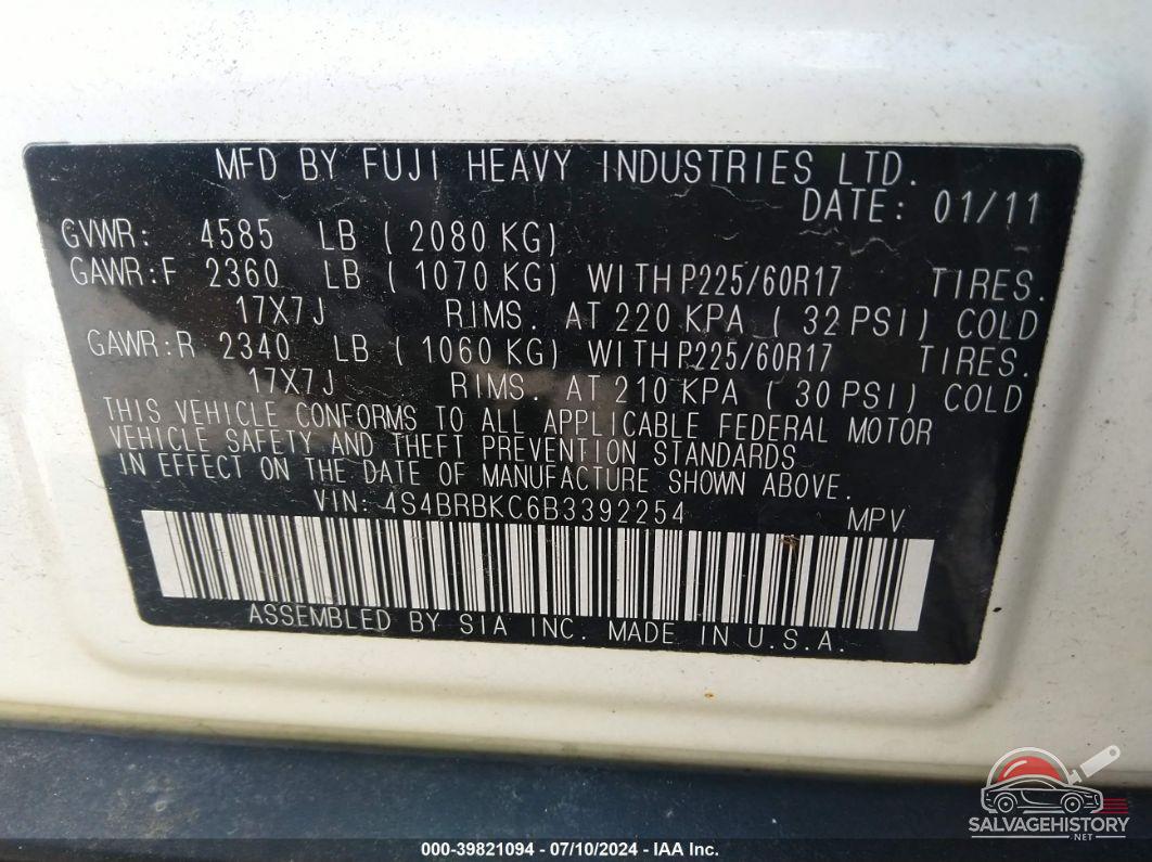 4S4BRBKC6B3392254 2011 SUBARU OUTBACK photo no. 9