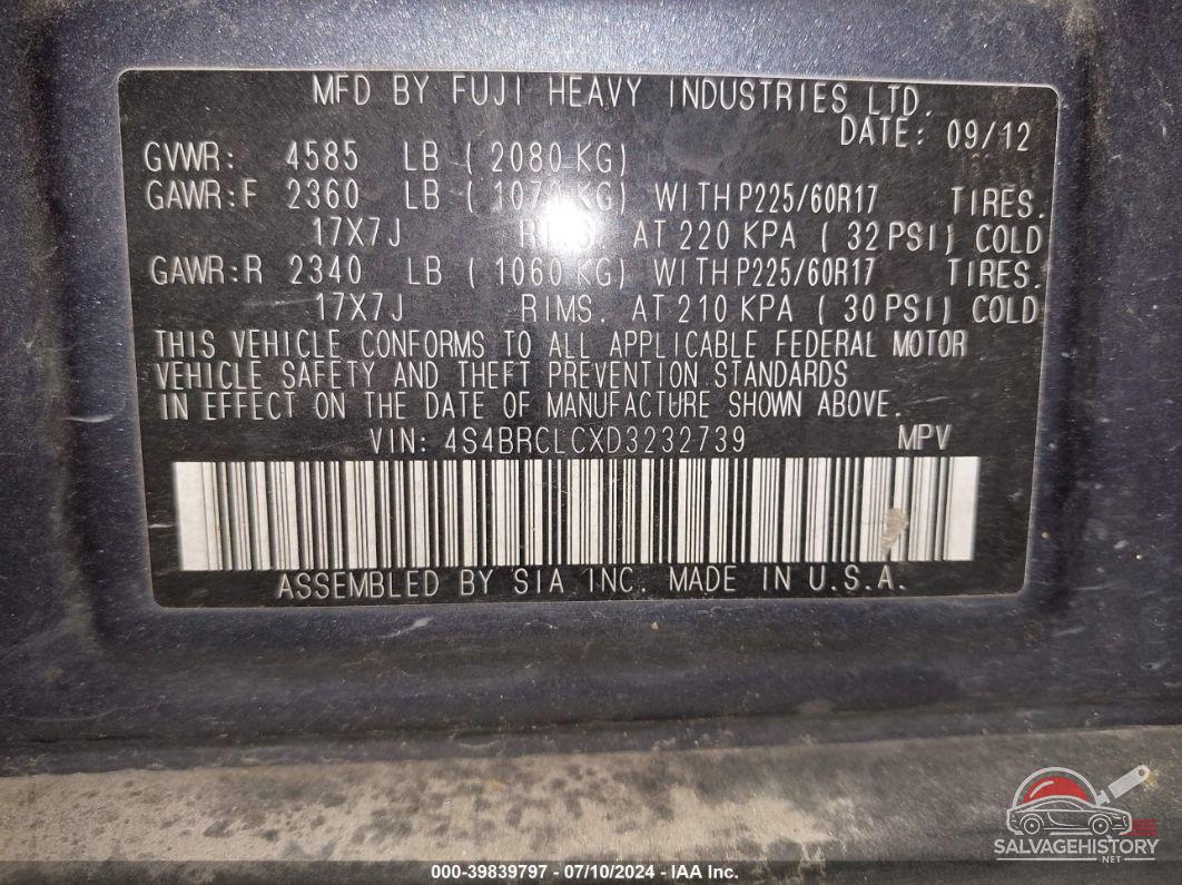 4S4BRCLCXD3232739 2013 SUBARU OUTBACK photo no. 9