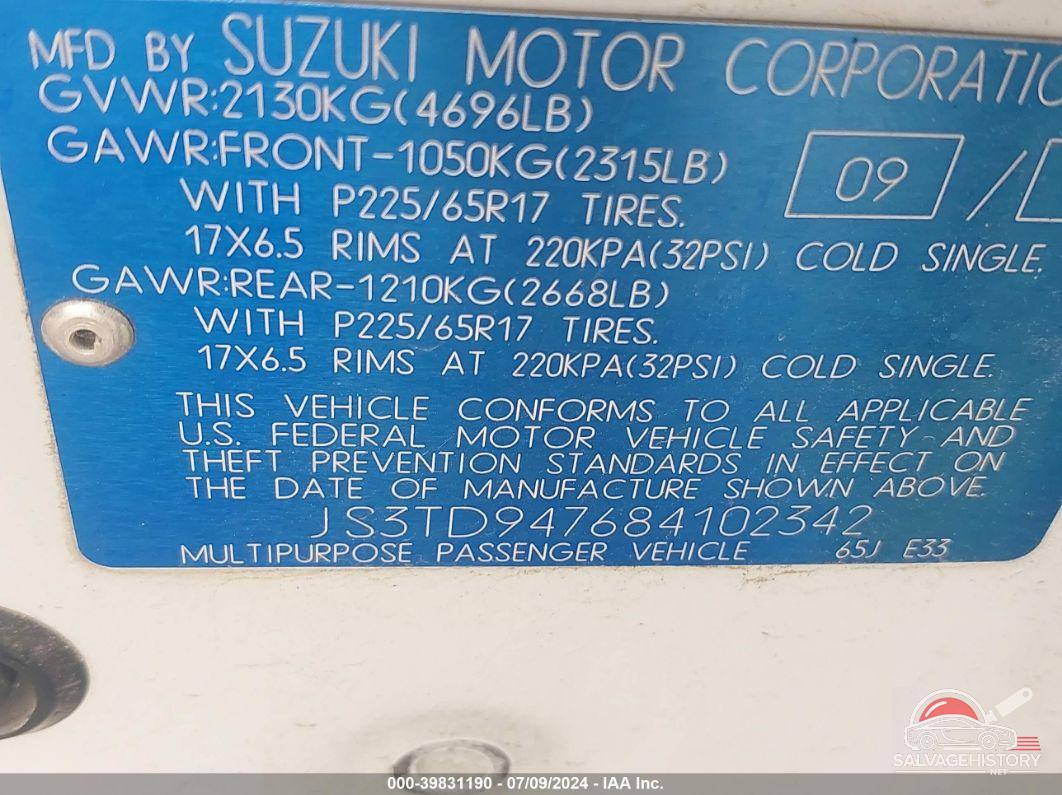 JS3TD947684102342 2008 SUZUKI GRAND VITARA photo no. 9