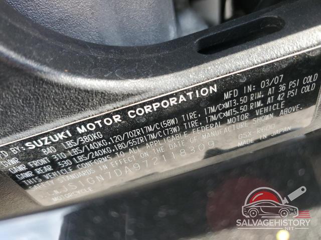 JS1GN7DA972118309 2007 SUZUKI GSXR600 photo no. 9
