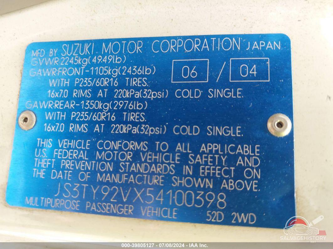 JS3TY92VX54100398 2005 SUZUKI XL-7 photo no. 9