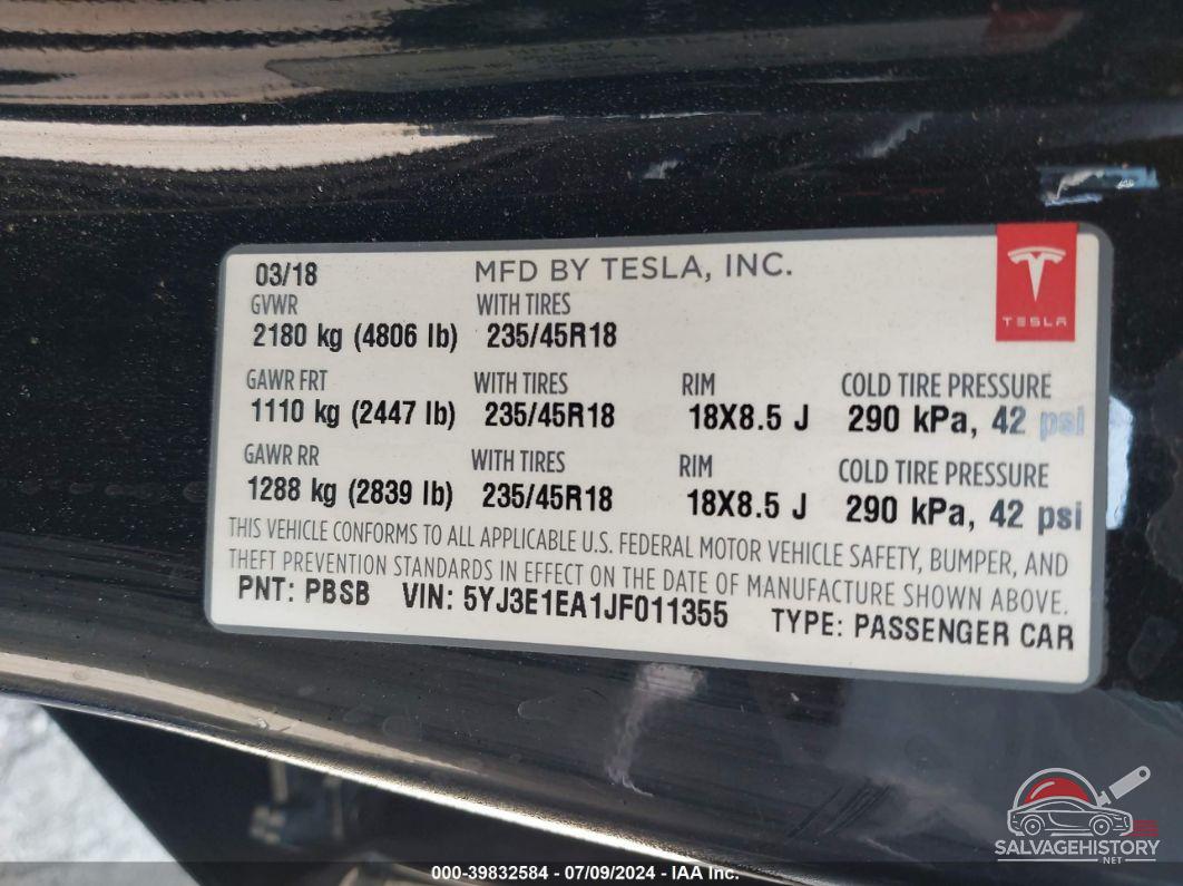 5YJ3E1EA1JF011355 2018 TESLA MODEL 3 photo no. 9