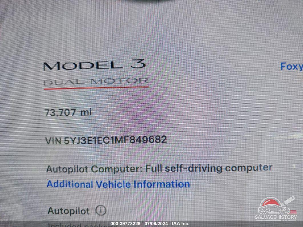 5YJ3E1EC1MF849682 2021 TESLA MODEL 3 photo no. 7