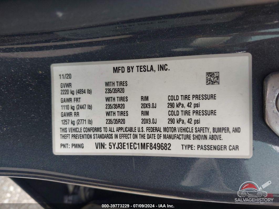 5YJ3E1EC1MF849682 2021 TESLA MODEL 3 photo no. 9