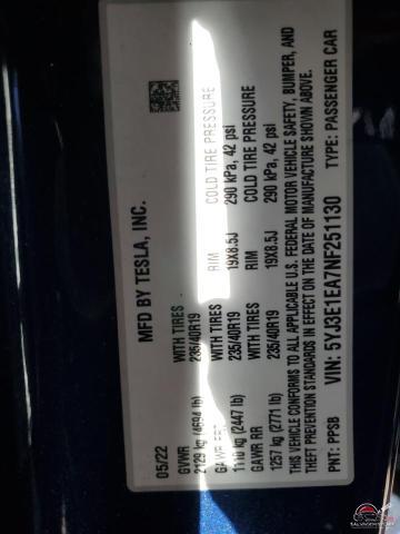 5YJ3E1EA7NF251130 2022 TESLA MODEL 3 photo no. 12