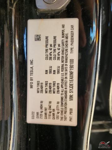 5YJ3E1EAXNF190100 2022 TESLA MODEL 3 photo no. 12