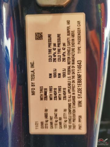 5YJ3E1EB8NF114643 2022 TESLA MODEL 3 photo no. 12