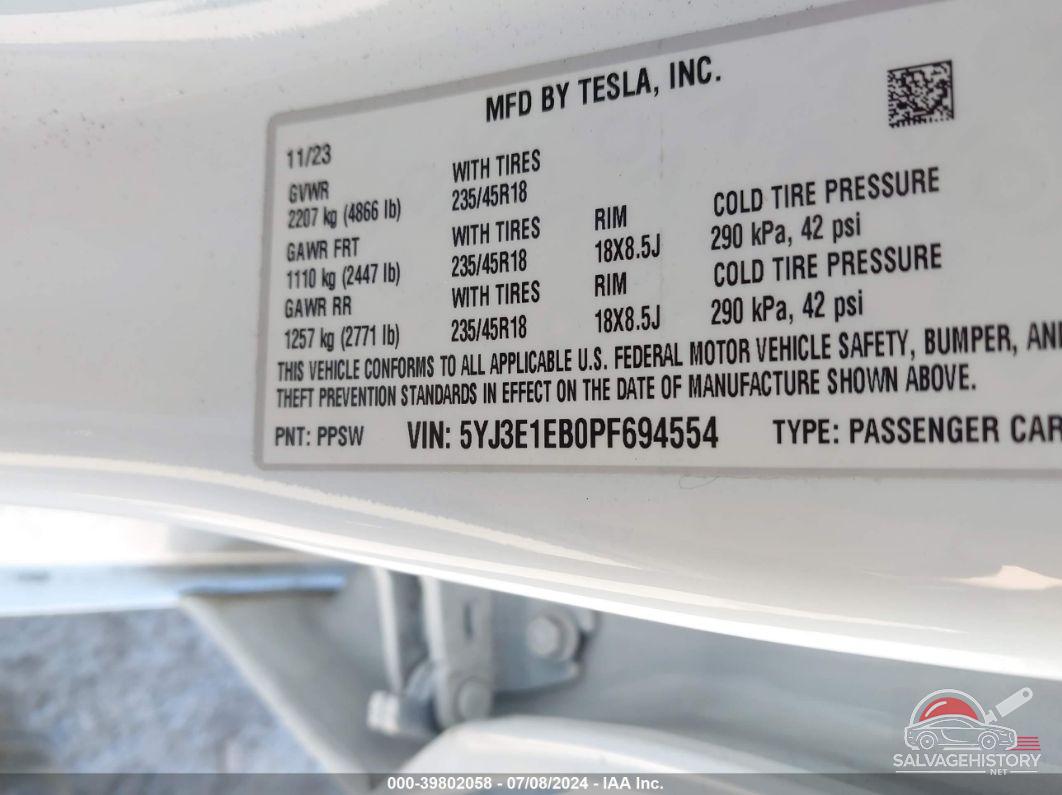 5YJ3E1EB0PF694554 2023 TESLA MODEL 3 photo no. 9
