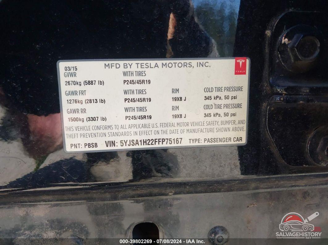 5YJSA1H22FFP75167 2015 TESLA MODEL S photo no. 9