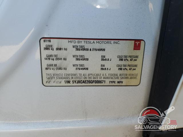5YJXCAE26GF008671 2016 TESLA MODEL X photo no. 14