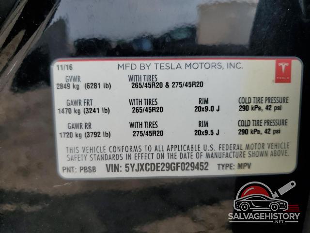 5YJXCDE29GF029452 2016 TESLA MODEL X photo no. 12